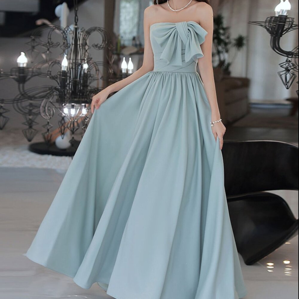 NWOT Blue Satin Strapless Lace-Up Back Prom Dress